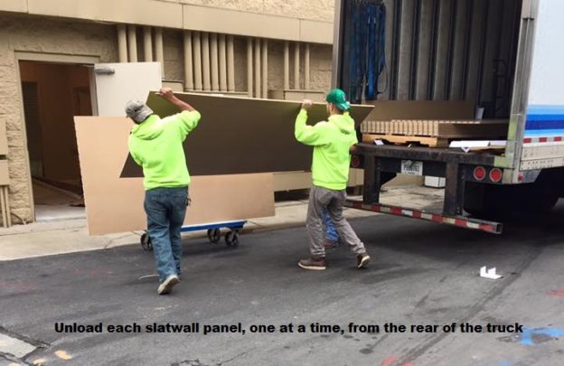 Unloading a slatwall panel shipment