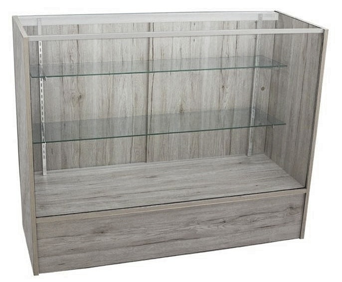 Barnwood Full Vision Showcases - 4ft Gray Woodgrain Glass Display Cases